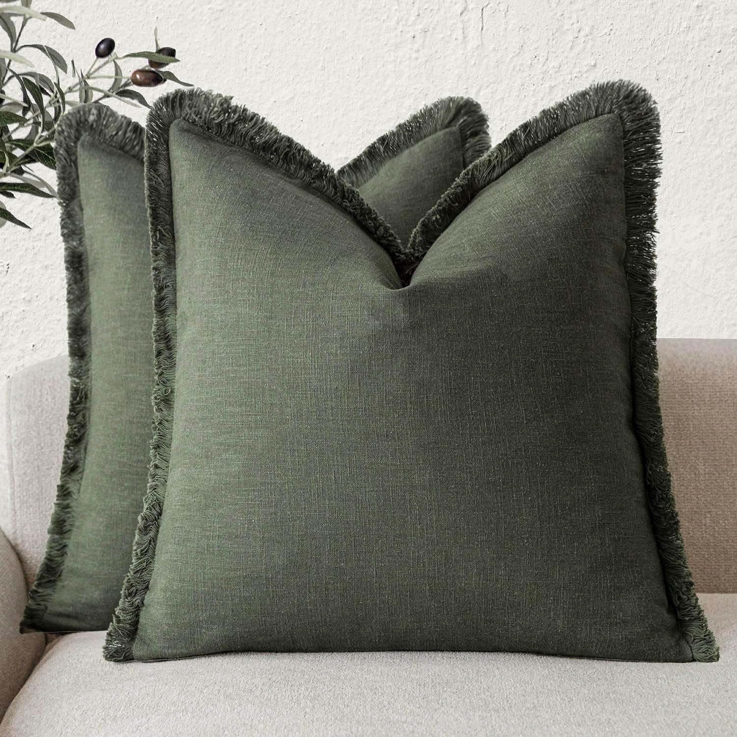 decorative linen fringe throw pillow covers dark olive green decorative linen fringe throw pillow covers dark olive green