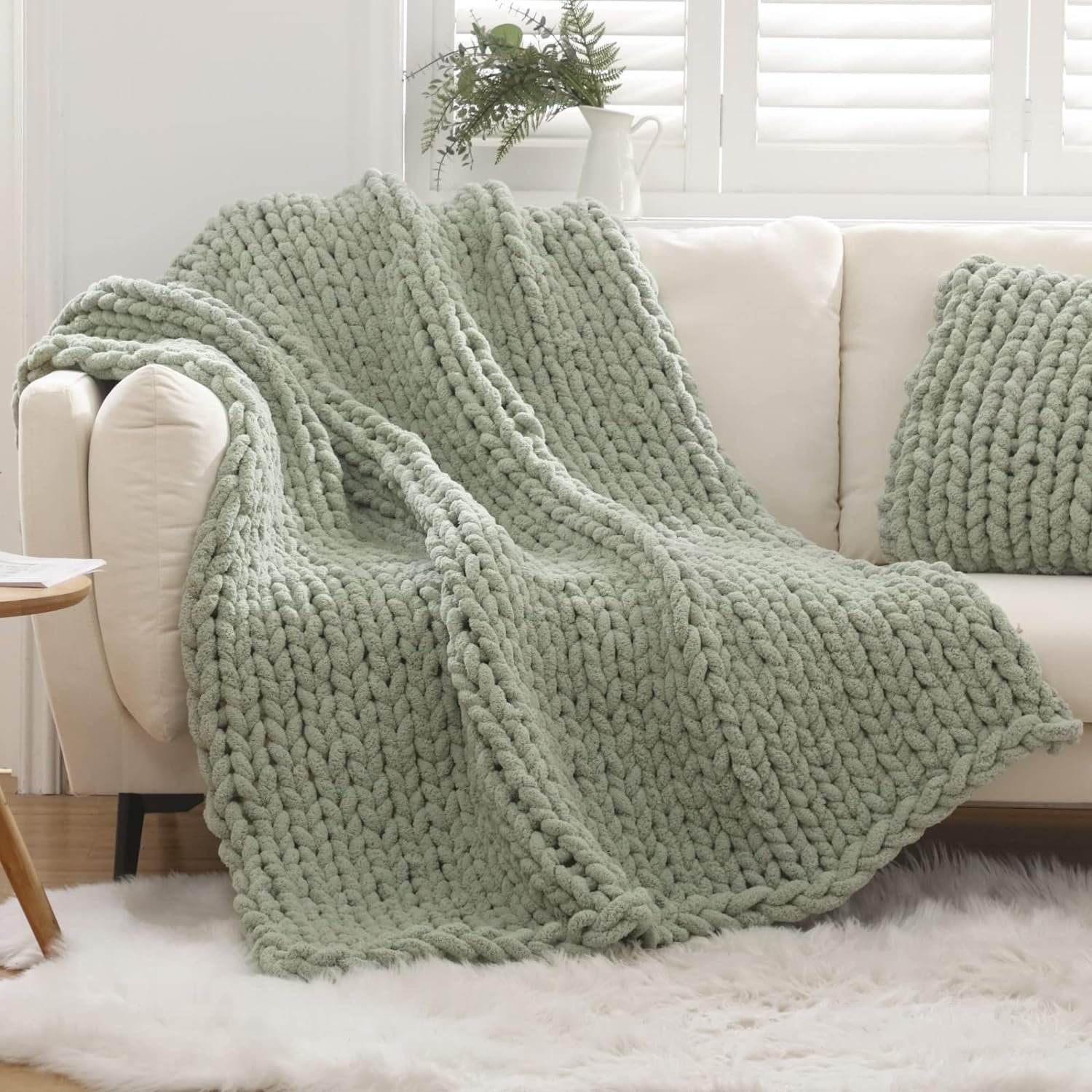 sage green chunky knit blanket